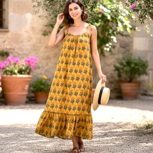 Emerson Fry India Collection Organic Cotton Marigold Block Print Maxi Dress Sm